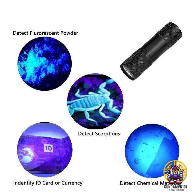 ĐÈN PIN UV TIA CỰC TÍM 9 BÓNG LED VỎ KIM LOẠI - Soi tiền chiếu sáng sơn màu dạ quang - Ảnh 3